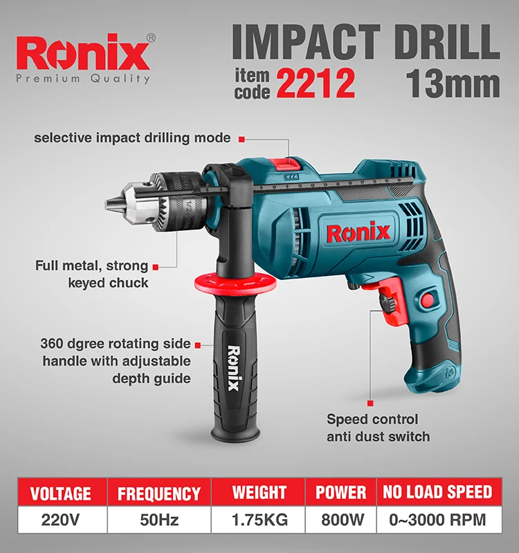 
Ronix High Quality Professional 800W Power 13mm 2212 Electric Impact Drill, Cheap Impact Drill 
