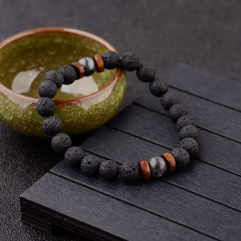 

Vintage Black Lava Stone Bracelets Men Meditation Natural Wood Beads Bracelet Women Prayer Jewelry Yoga Dropshipping, Multi-colors