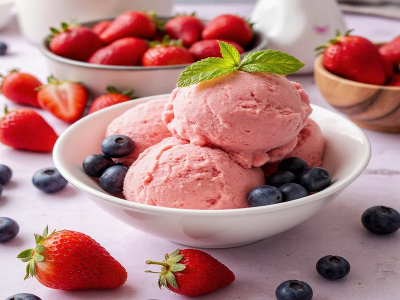 Homemade strawberry ice cream served with fresh berries and mint garnish