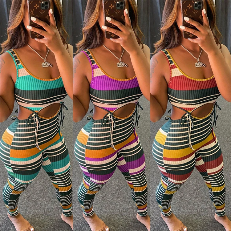 

1040750 Hot Selling 2021 Summer Fashion Women Clothes Colorful Rib Hollow Out Women Two Piece Pants Set