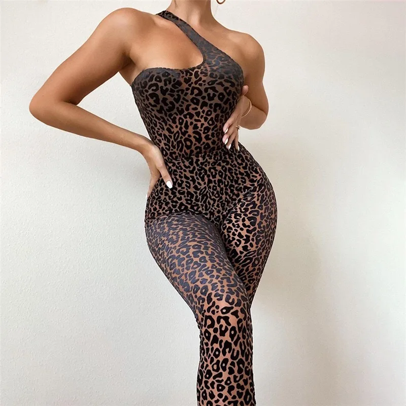 

Summer Skinny Sleeveless Jumpsuits Women Sexy Mesh Leopard Print One Shoulder Rompers Fashion Birthday Outfits Wholesale