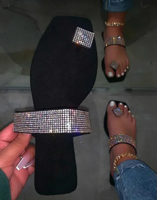 

2020 Fashion women's sandals Open Toe Flip Flop Ladies Flat Square Toe Shiny Rhinestone Shoes Slippers for Women, Red / blue / black