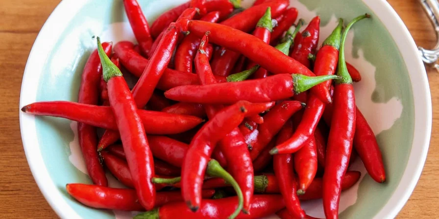 Close-up of Bird's Eye Chilli on vibrant Thai plate