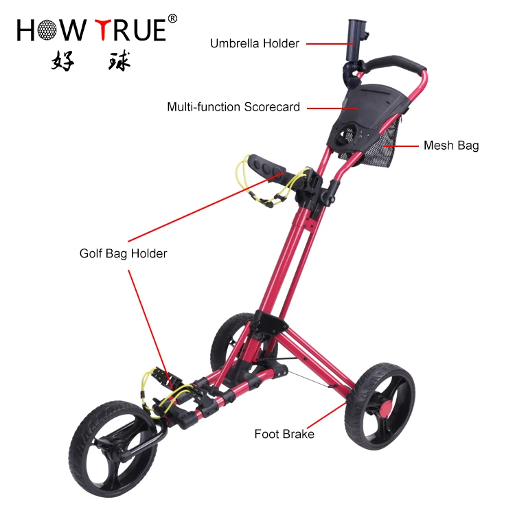 

Foldable 3 Wheels Pull Cart Golf Trolley with Umbrella Stand Golf Cart/golf buggy, Red/white/silver/balack