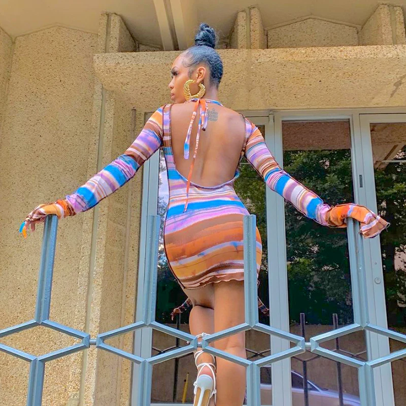 

Cutenova A21DS224 Rainbow Stripes Backless Dress Sexy Long Sleeve Slim Dress Waist Bathing Suit Tie Dress