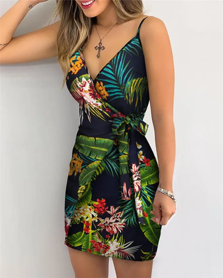 

Printed V-neck wrap casual dress ladies sleeveless summer vacation mini dress 2021