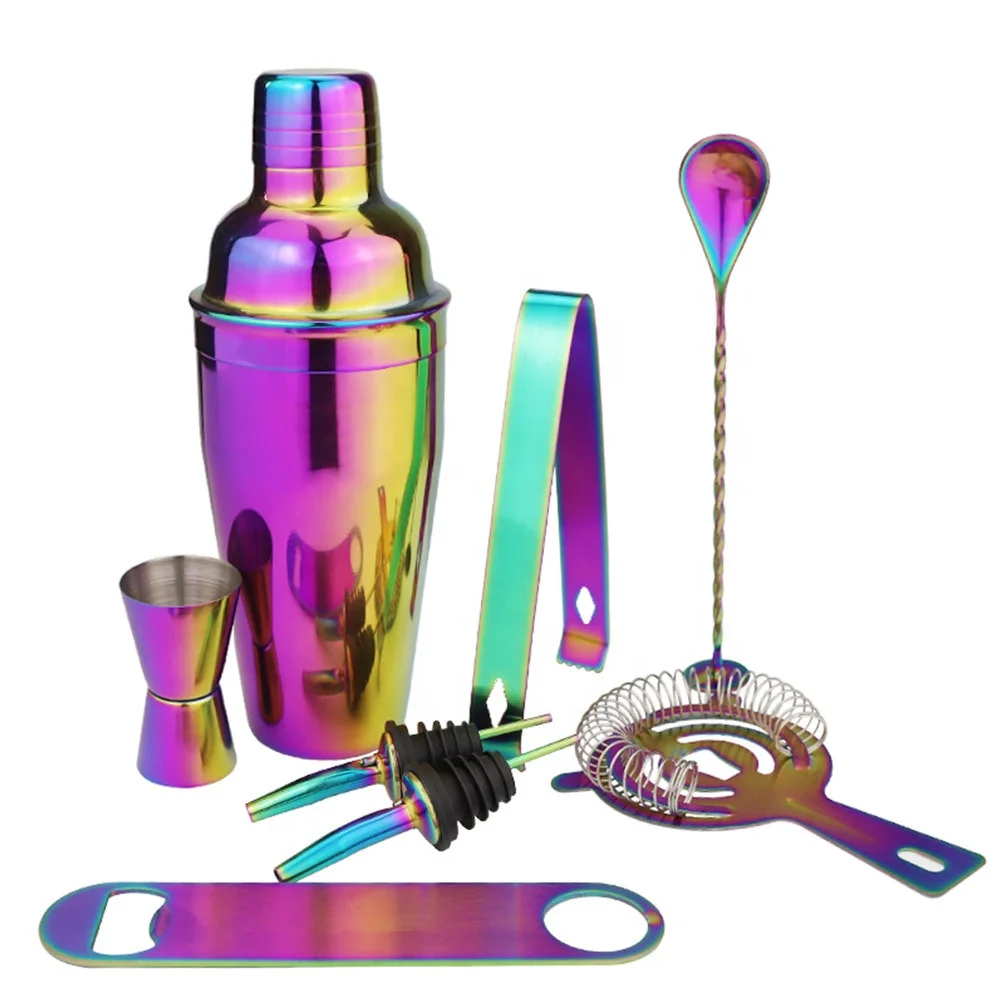 

High quality 800ml Barware Bar Tools Set Stainless Steel Colorful Cocktail Shaker Bottles Wine Mixer Bartending Kit Accessory, Customized color