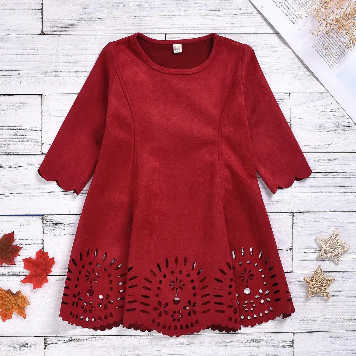 

Spring Autumn Girls Long Sleeve Solid Color Hollow Out Long Sleeve Dress