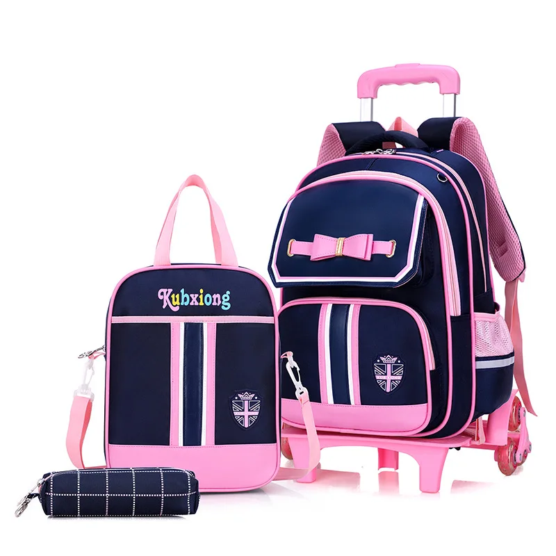 

Detachable girl wheeled backpack kids trolley school bags set for girls, 3 colors