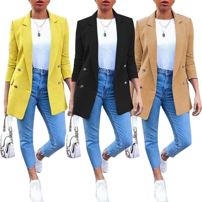 

2020 fashion lapel solid color jacket women fall/winter hot style mid-length long sleeve women's cardigan suit