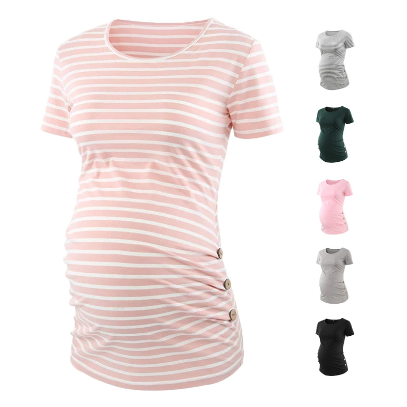 

Selling Striped T-shirt T-shirts With Buttons Pleating T-shirt for Pregnant Woman