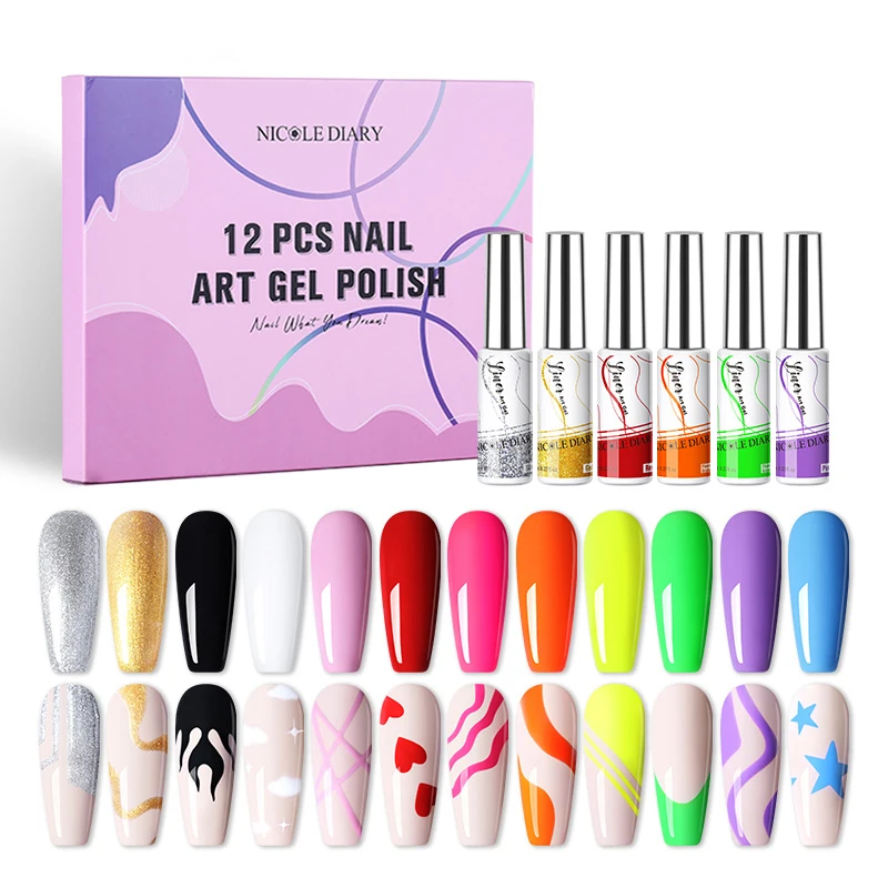 

New Design 3 IN 1 8ml Neon Painting Nail Gel Liner Set Private Label 12 Colors Nail Art UV Liner Gel Polish, 12 colors/set