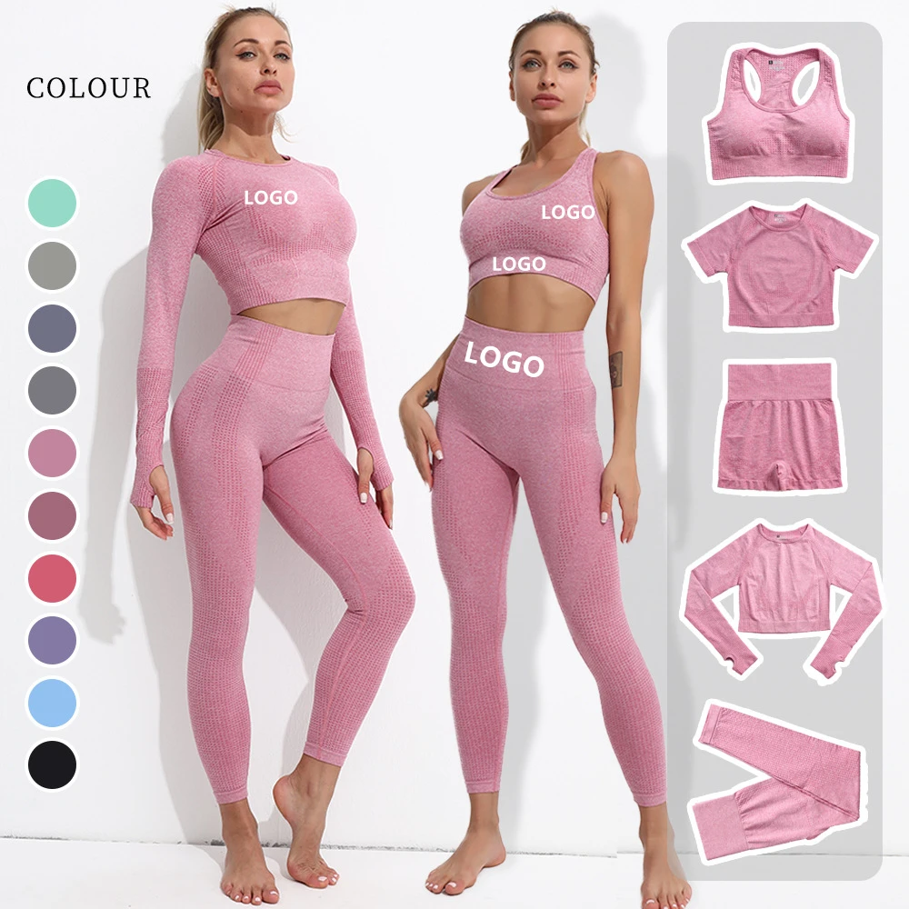 

Custom logo 5PCS Seamless Gym Clothing Yoga Outfit Long Sleeves Crop Top With Leggings Sports Suit Women Workout Gym Fitness Set