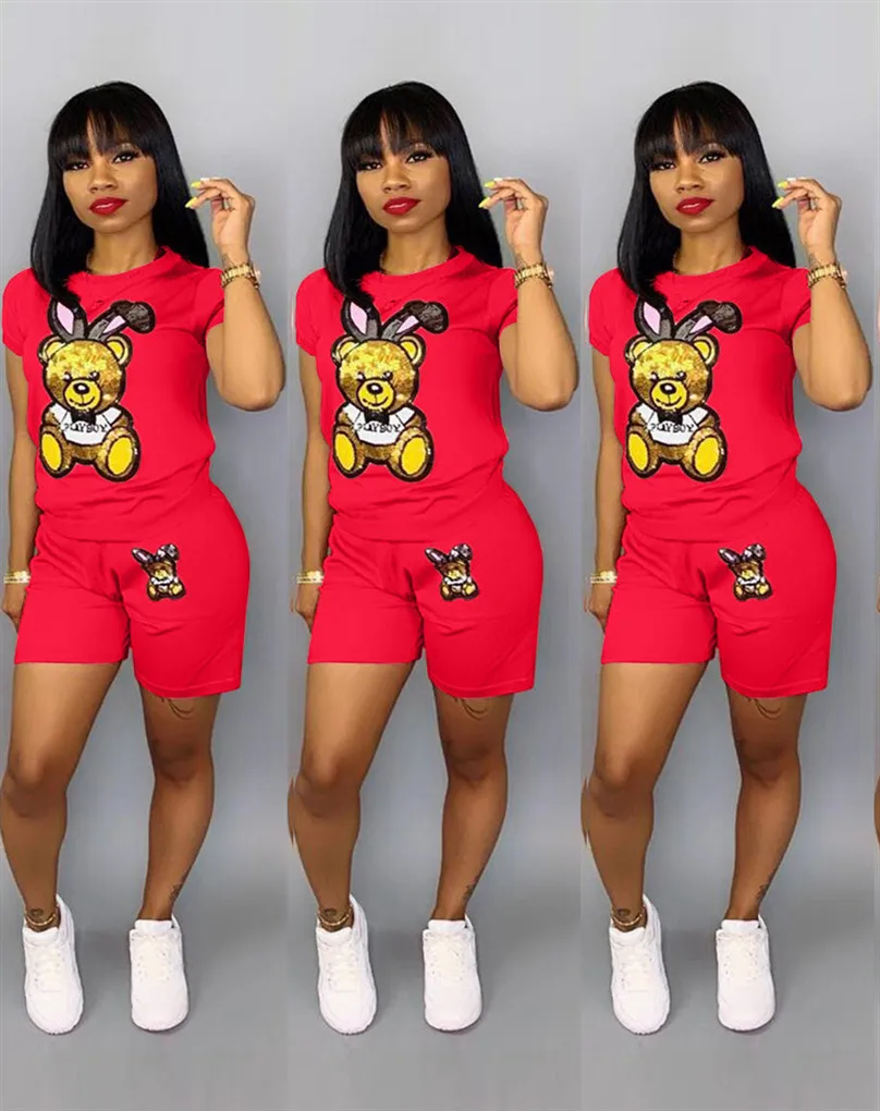 

Fashion Casual Cartoon Printed Sequins Plus Size Women Clothing 2 Piece Short Sleeve Two Piece Set, 6 colors