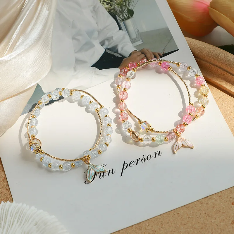 

Korean Small Fresh Popcorn Crystal Fishtail Pendant Bracelet Handmade Beaded Mermaid Stone Double Bracelet Bangle, Picture