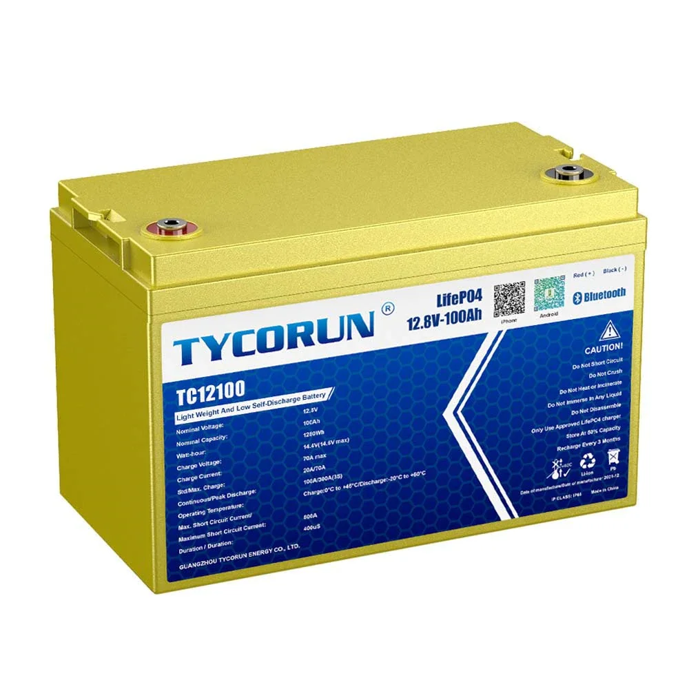 

Tycorun Deep cycle 12V100Ah LiFePO4 Battery With BMS Built-in for RV/Solar /Golf cart/Camping