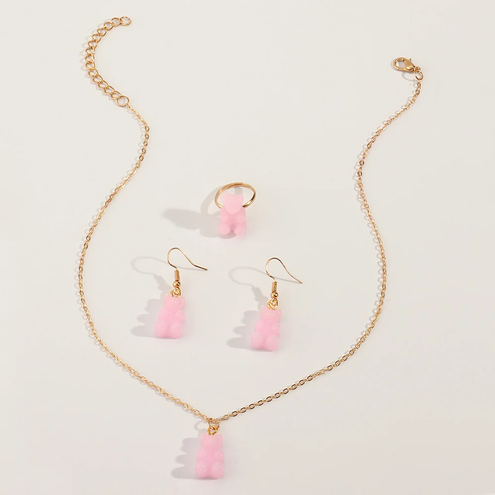 

Wholesale Fashion Pink Cartoon Little Bear Necklace Earring Ring Jewelry Set For Girls