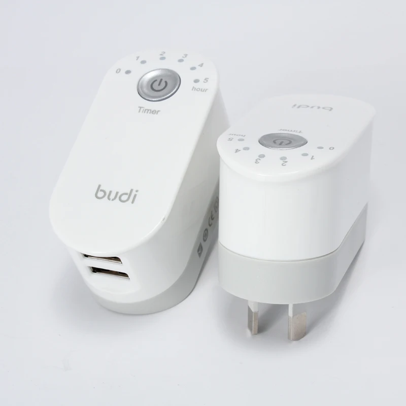 

budi universal dual usb 5v2.4a wall charger with time charger 1 to 5 hour timer switch power socket usb charger, White