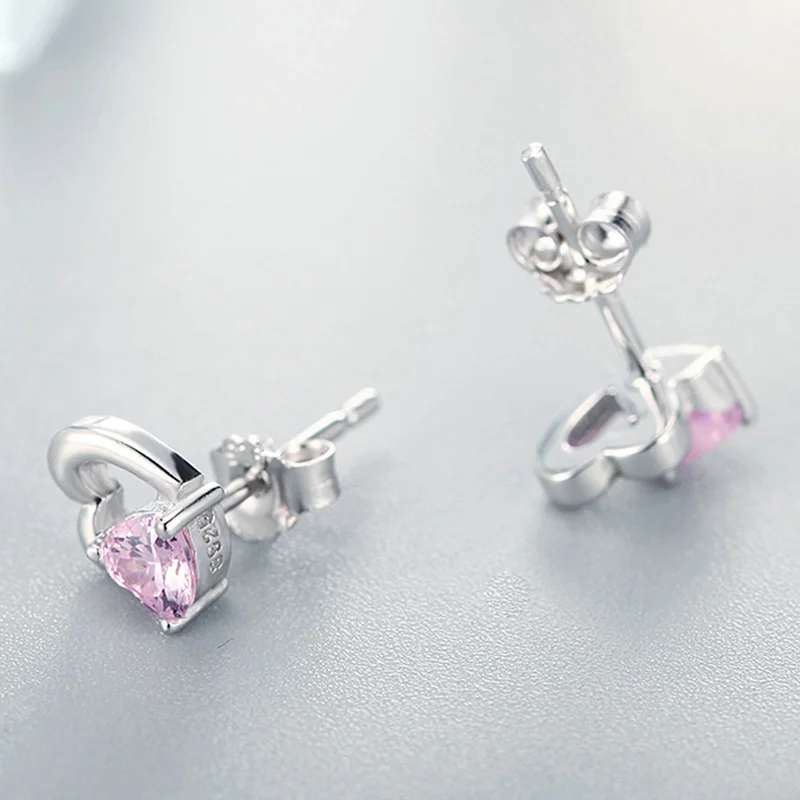

Professional Custom Double Heart To Heart Pink Cz 925 Sterling Silver Stud Earrings Hot