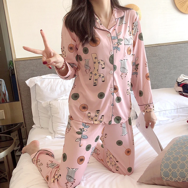 

Long-sleeved pajamas women's new open button plus size pajamas