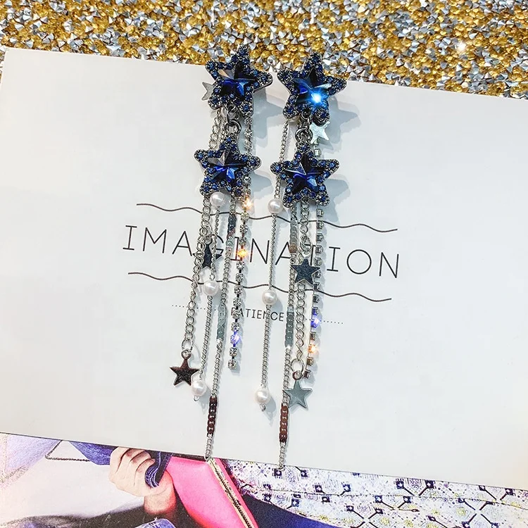 

Shiny Star Drop Earrings for Women New Bijoux Long Tassel Blue Crystal Dangle Earrings Jewelry Accessories, Picture shows