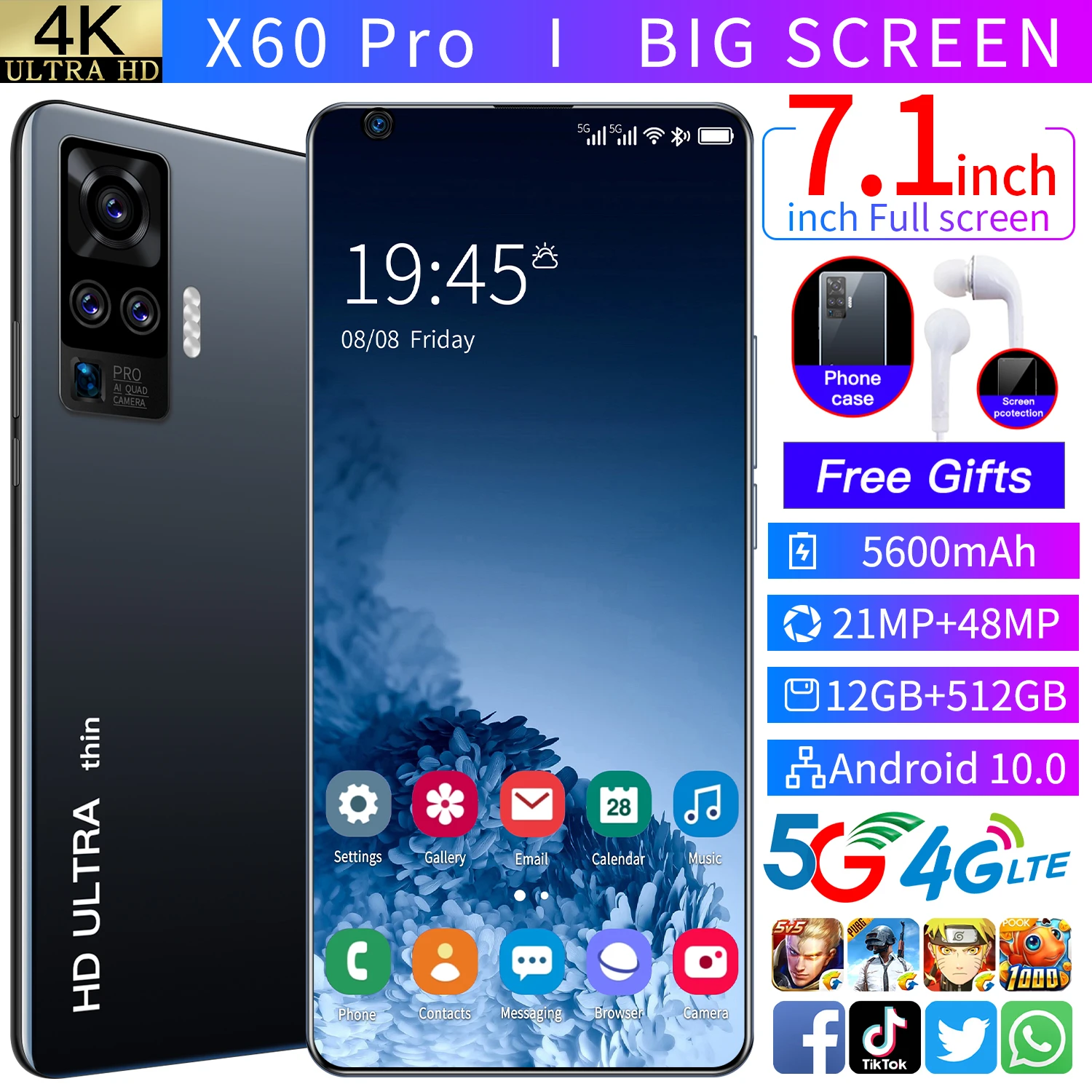 

X60 Pro 7.2inch 3040*1440 MTK6799 10-Core Android10.0 Mobile Phone 12GB+512GB 5G Cellphones 5600mAh Large Capacity Smartphones
