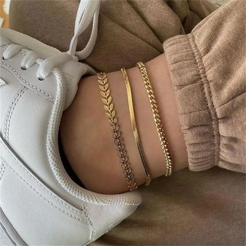 

Trendy gold plated tennis chain anklets bracelets set women chunky alloy anklets Indian accessory