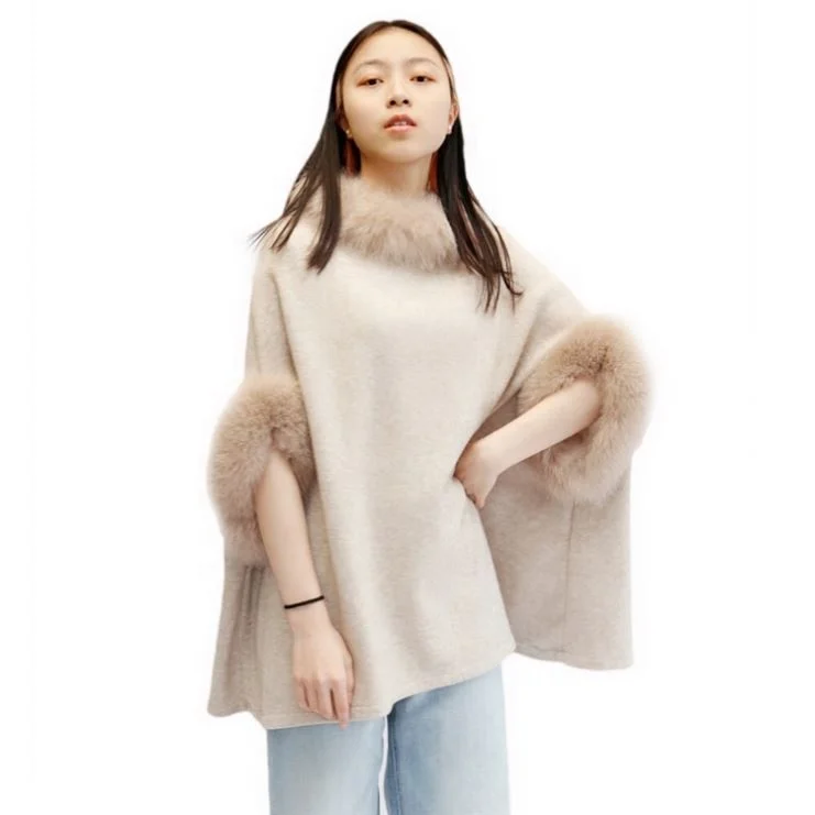 

2021 Ladies Winter Casual Style Plain Raccoon Fur Neck Trimmed Acrylic knitting Pattern Big Long Poncho With Sleeves