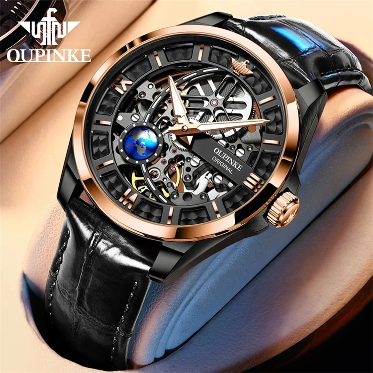 

OUPINKE Luxury Watch for Men Automatic Mechanical Sapphire Leather Waterproof Sports Skeleton Wrist Watches Brand reloj hombre