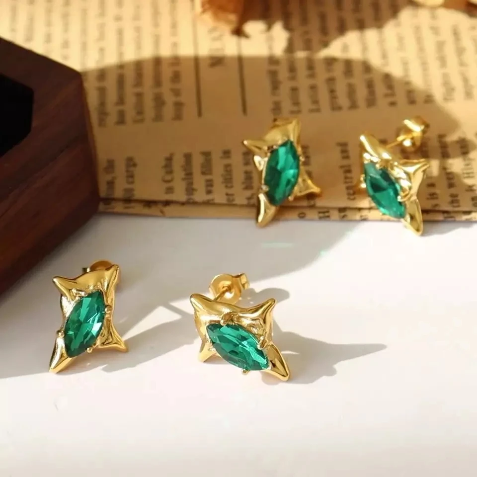 Ins Luxury Stainless Steel Jewelry Green Zircon Elegant Women Stud Gold Earrings bijoux en acier inoxydable