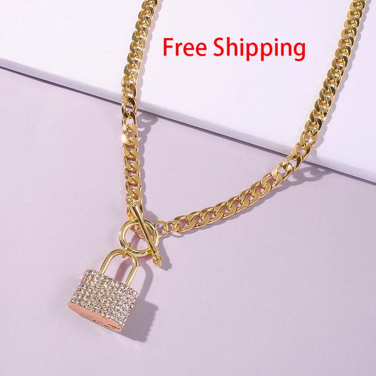 

Free Shipping Women Trendy Style Gold Color Toggle Clasp Rhinestone Lock Pendant Necklace, Gold/silver