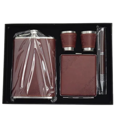 

9OZ PU leather Stainless steel hip flask set with cups/Cigarette case/pen, See below photo