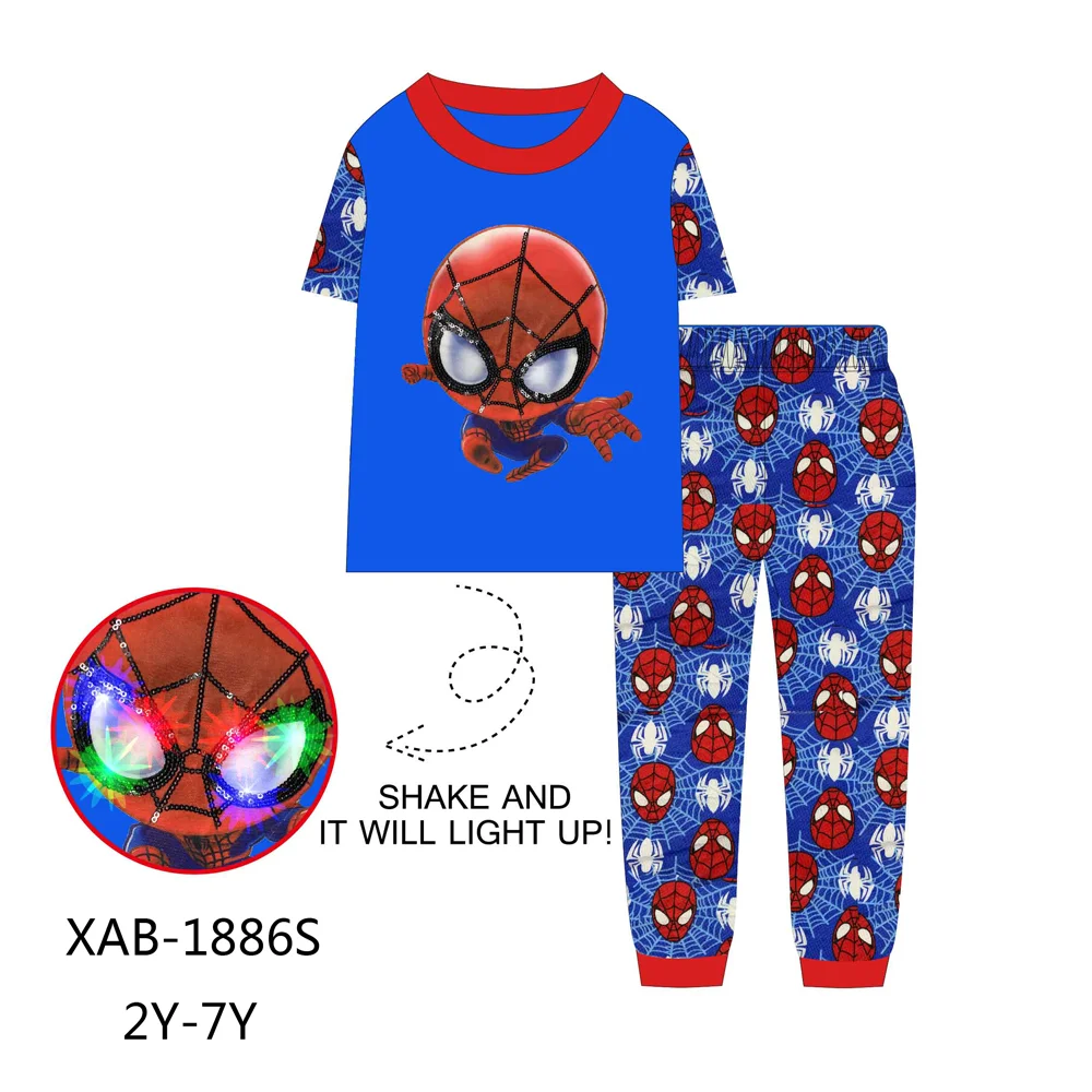 

Wholesale Boy's Short Sleeve Sleepwear short sleeves top with pant Kids Cartoon Pajamas super hero sleepwear sets night light