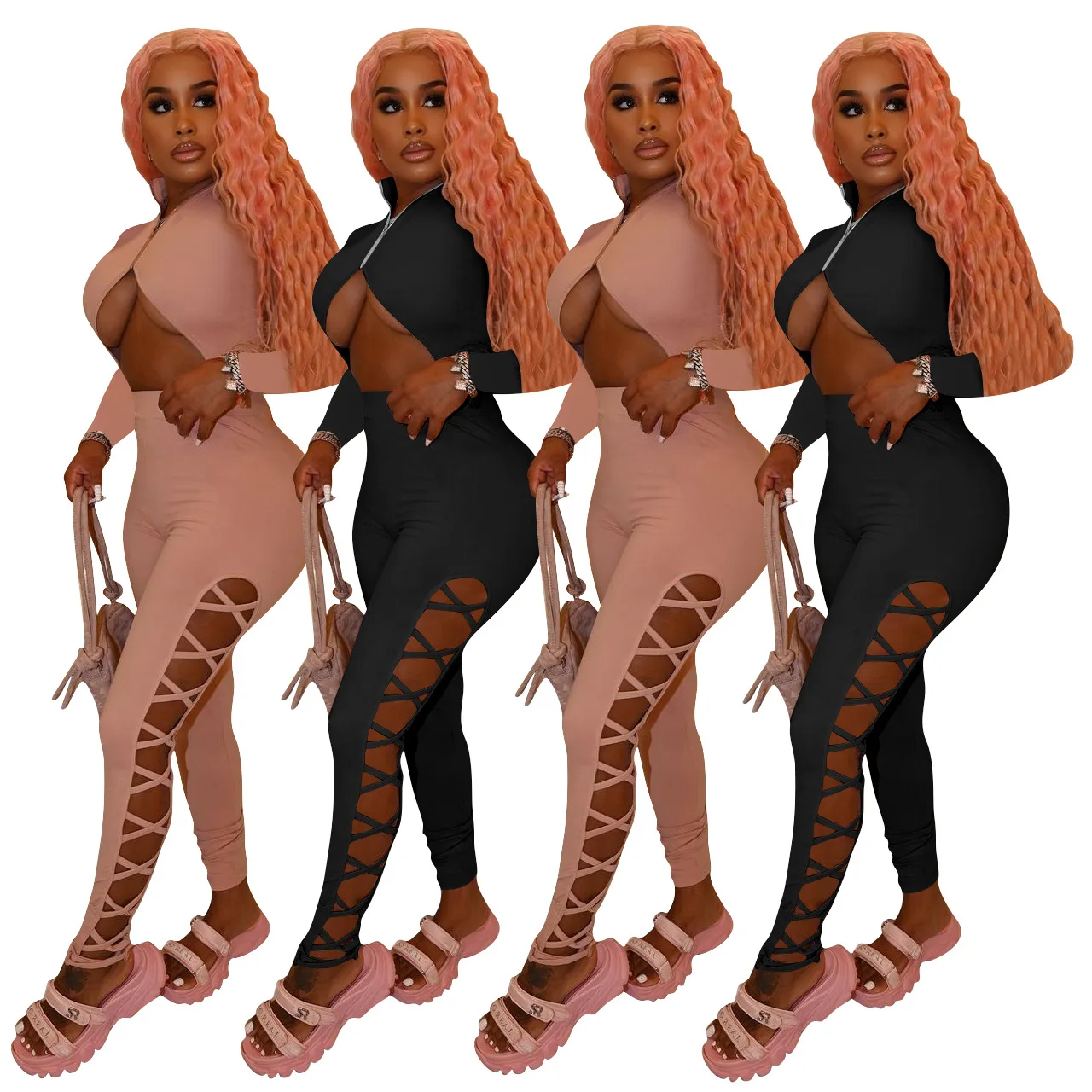 

2021 Fashion Sports Sexy Open Front Solid Color Hollow Out Romper Cut Out Jumpsuit With Cardigan Bodycon with women, Picture
