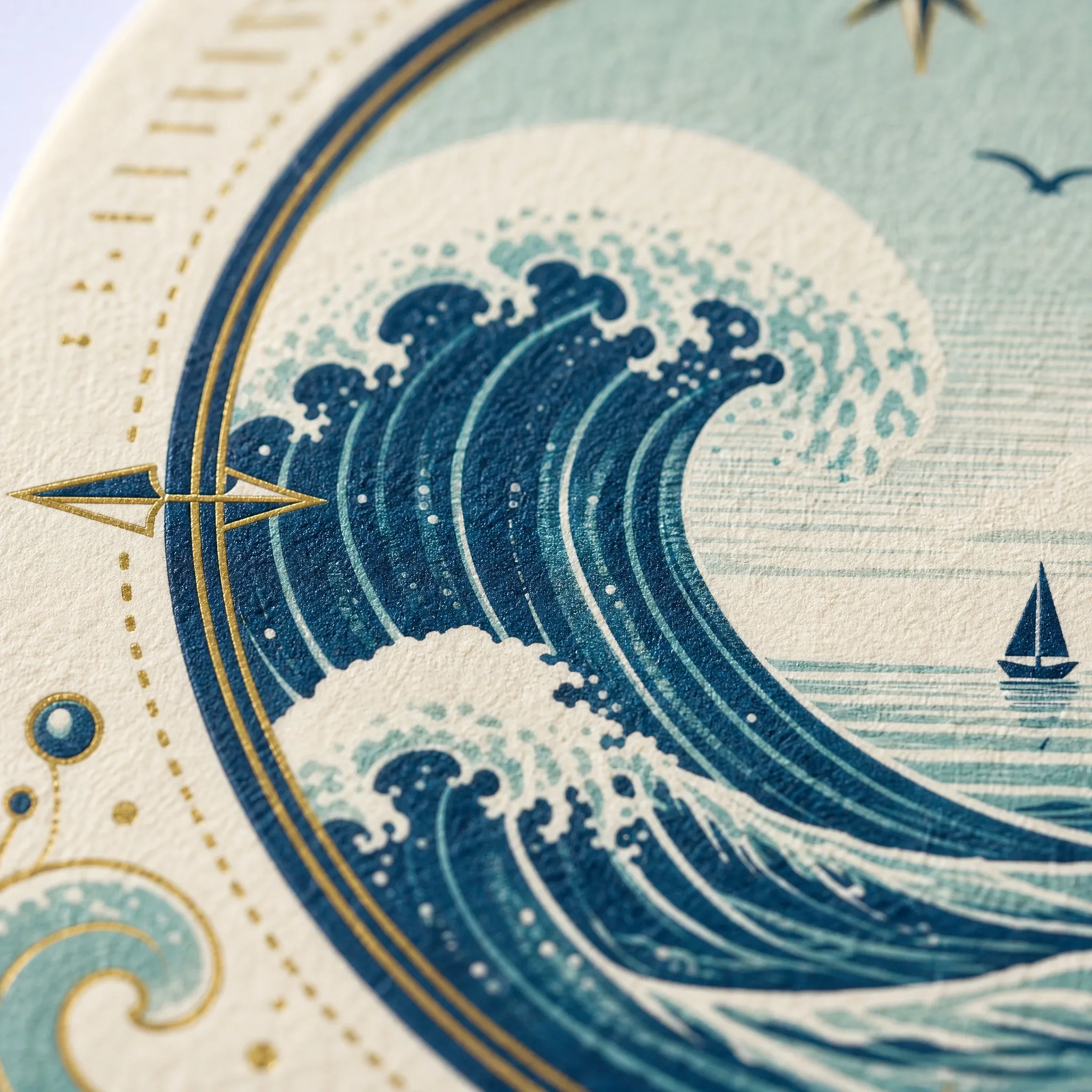 4K Macro Close-up of Great Wave Foam Texture and Metallic Gold Compass Needle Line