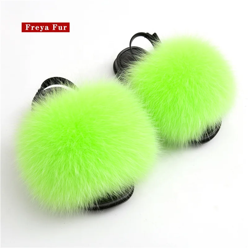 

2121 New Arrivals Designer Cute Kids Fluffy Natural Fur Slides With Strap