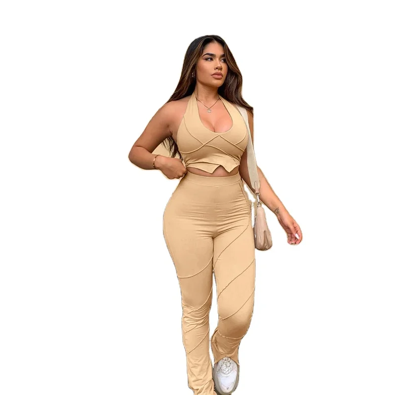 

2021 hot selling womens clothing sleeveless halter tank top and leggings slit design sports 2 piece cotton set women, Show