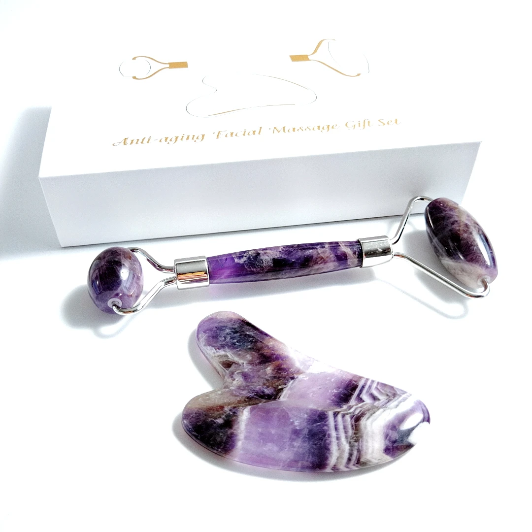 

2020 hot selling natural double anti aging therapy amethyst roller with guasha tools for face massage, Purple roller gua sha set