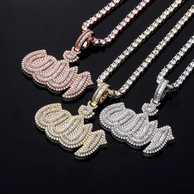 

Ready to ship gold plated brass luxury baguette diamond hip hop charm necklace new allah iced out pendant