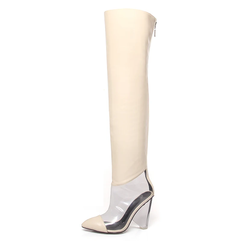 
WETKISS Fashion Cone Heels Shoes Sexy Transparent Boots Over Knee Clear Heel Boots Women Shoes Silver Thigh High Boots 