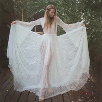 

2020 Women's Beach Crochet Long Sleeve V-neck Bohemian Transparent Lace Flared Maxi Long Dress