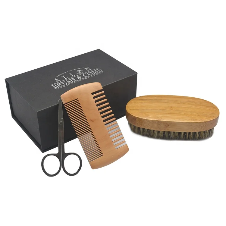 

The most popular beard grooming kit scissors bristle brush wooden comb for men, Natural color