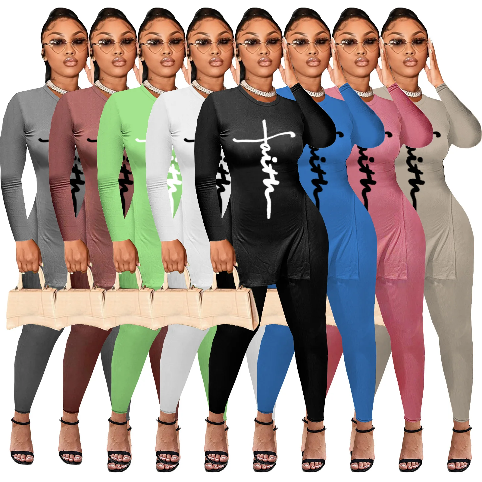

2022 women clothes autumn two piece sets letters faith printed long sleeve tops Lounge Wear Slim Fit Jogging Suit, Black,wine red,dark gray,purple,light green,yellow,blue,navy,