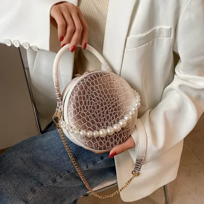 

2021 new fashion women handbag with pearl contrast color stone crocodile grain round bag mini sling crossbody shoulder bag, Khaki ,blue ,black ,white ,coffee