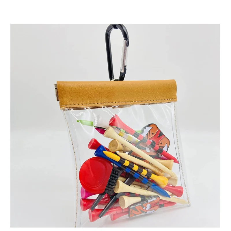 

Clear Transparent Squeeze Pouch PVC and Luxury Leather Squeeze Golf Tee Storage with Clip for Golfer