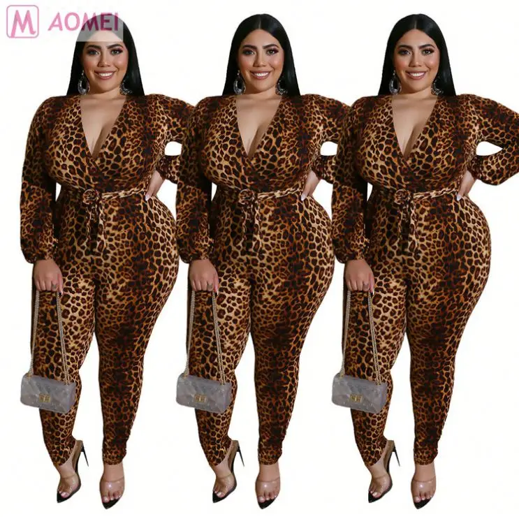 DO910015 leopard long length belt bodycon Jumpsuits Plus Size Women Clothing