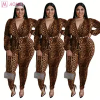 

DO910015 leopard long length belt bodycon Jumpsuits Plus Size Women Clothing