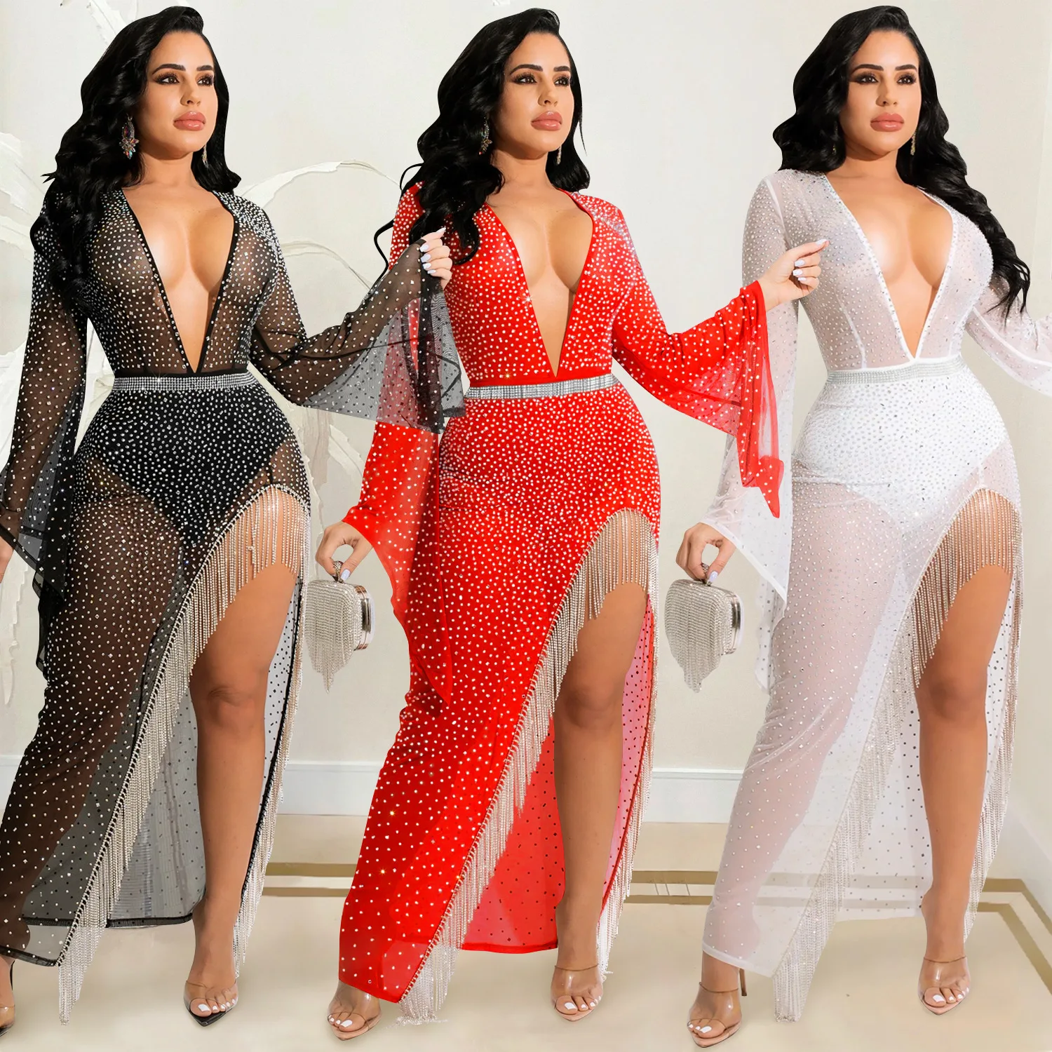 

Hot Products Fashion Sexy Deep V Neck Tassel Dress Summer Irregular Slit Rhinestone Long Sleeve Ladies Club Dresses