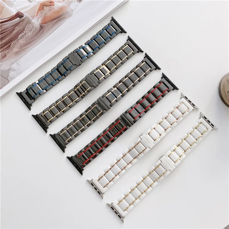 

5 Beads Smart Bracelet Ceramic Watch Band For Apple Watch With butterfly Buckle Ceramic Luxury Strap