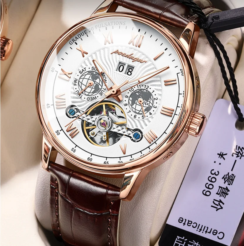 POEDAGAR Hot 1409 Automatique Mechanical Hollow Watch Luxury Waterproof Calendar Fashion Man Watch Business Male Clock Leisure